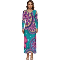 Floral Pattern Abstract Colorful Flow Oriental Spring Summer Long Sleeve Longline Maxi Dress by Cemarart