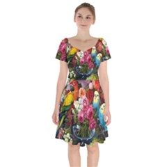 Flower And Parrot Art Flower Painting Short Sleeve Bardot Dress by Cemarart