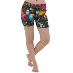 Flower And Parrot Art Flower Painting Lightweight Velour Yoga Shorts by Cemarart