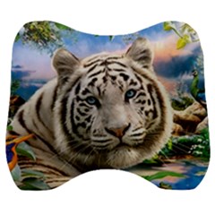 White Tiger Peacock Animal Fantasy Water Summer Velour Head Support Cushion by Cemarart