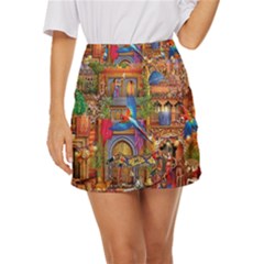 Arabian Street Art Colorful Peacock Tiger Man Parrot Horse Dancer Fantasy Mini Front Wrap Skirt by Cemarart