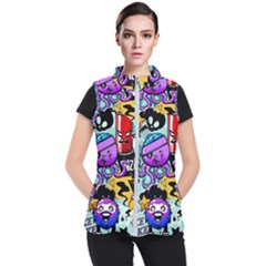 Cartoon Graffiti, Art, Black, Colorful Women s Puffer Vest by nateshop