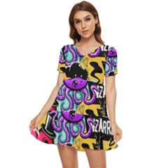 Cartoon Graffiti, Art, Black, Colorful Tiered Short Sleeve Babydoll Dress by nateshop