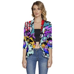 Cartoon Graffiti, Art, Black, Colorful Women s 3/4 Sleeve Ruffle Edge Open Front Jacket by nateshop