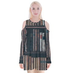 Aged Bookcase Books Bookshelves Velvet Long Sleeve Shoulder Cutout Dress by Grandong