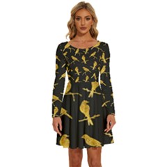 Background With Golden Birds Long Sleeve Wide Neck Velvet Dress by Ndabl3x