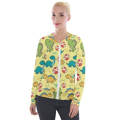 Seamless Pattern With Cute Dinosaurs Character Velvet Zip Up Jacket by Ndabl3x