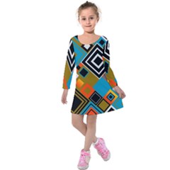 Retro Pattern Abstract Art Colorful Square Kids  Long Sleeve Velvet Dress by Ndabl3x