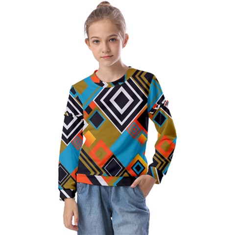 Retro Pattern Abstract Art Colorful Square Kids  Long Sleeve T-shirt With Frill  by Ndabl3x