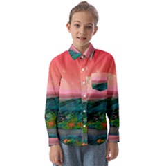 Unicorn Valley Aesthetic Clouds Landscape Mountain Nature Pop Art Surrealism Retrowave Kids  Long Sleeve Shirt by Cemarart