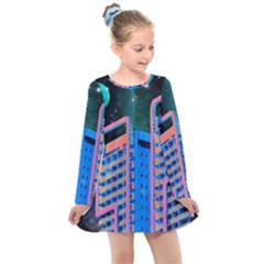 Fantasy City Architecture Building Cityscape Kids  Long Sleeve Dress by Cemarart