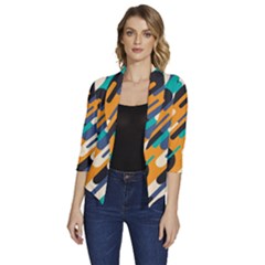 Abstract Rays, Material Design, Colorful Lines, Geometric Women s Draped Front 3/4 Sleeve Shawl Collar Jacket by nateshop