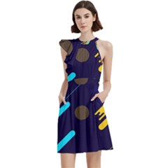 Blue Background Geometric Abstrac Cocktail Party Halter Sleeveless Dress With Pockets by nateshop