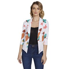 Flowers Leaves Background Floral Women s Draped Front 3/4 Sleeve Shawl Collar Jacket by Grandong