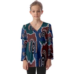 Authentic Aboriginal Art - Riverside Dreaming Kids  V Neck Casual Top by hogartharts