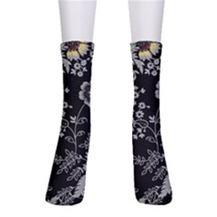 Black Background With Gray Flowers, Floral Black Texture Crew Socks by nateshop