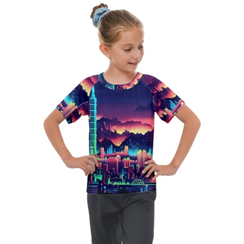 Cityscape Building Painting 3d City Illustration Kids  Mesh Piece T-shirt by Bedest