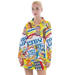 Colorful City Life Horizontal Seamless Pattern Urban City Women s Long Sleeve Casual Dress by Bedest