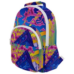 Blue And Purple Mountain Painting Psychedelic Colorful Lines Rounded Multi Pocket Backpack by Bedest
