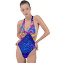 Blue And Purple Mountain Painting Psychedelic Colorful Lines Backless Halter One Piece Swimsuit View1