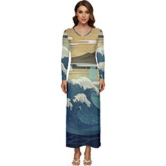 Sea Asia Waves Japanese Art The Great Wave Off Kanagawa Long Sleeve Longline Maxi Dress by Cemarart