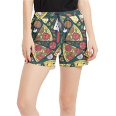 Seamless Pizza Slice Pattern Illustration Great Pizzeria Background Women s Runner Shorts by Cemarart