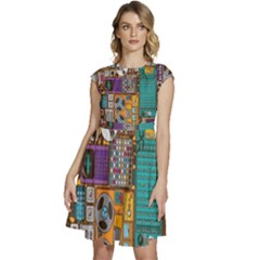 Pattern Design Art Techno  Dj Music Retro Music Device Cap Sleeve High Waist Dress by Cemarart