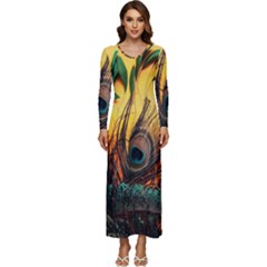 City Light Sky Landmark Painting Long Sleeve Longline Maxi Dress by Cemarart