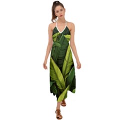 Banana Leaves Pattern Halter Tie Back Dress  by goljakoff