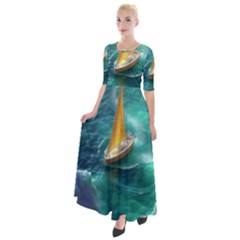 Seascape Boat Sailing Half Sleeves Maxi Dress by Cemarart