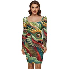 Chinese New Year – Year Of The Dragon Women Long Sleeve Ruched Stretch Jersey Dress by Valentinaart