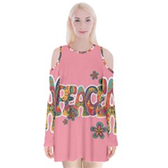 Flower Power Hippie Boho Love Peace Text Pink Pop Art Spirit Velvet Long Sleeve Shoulder Cutout Dress by Grandong