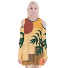 Arch Stairs Sun Branches Leaves Boho Bohemian Botanical Minimalist Nature Velvet Long Sleeve Shoulder Cutout Dress by Grandong