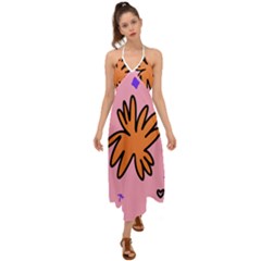 Doodle Flower Sparkles Orange Pink Halter Tie Back Dress  by Cemarart