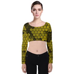 Yellow Hexagons 3d Art Honeycomb Hexagon Pattern Velvet Long Sleeve Crop Top by Cemarart