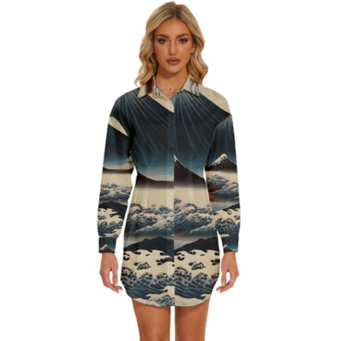 Hokusai Moutains Japan Womens Long Sleeve Shirt Dress by Bedest