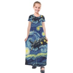 Spaceship Starry Night Van Gogh Painting Kids  Short Sleeve Maxi Dress by Maspions