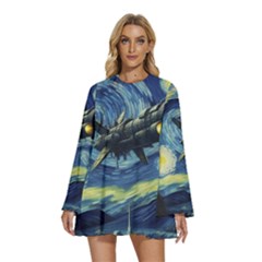 Spaceship Starry Night Van Gogh Painting Round Neck Long Sleeve Bohemian Style Chiffon Mini Dress by Maspions