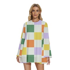 Board Pictures Chess Background Round Neck Long Sleeve Bohemian Style Chiffon Mini Dress by Maspions