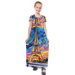 Eiffel Tower Starry Night Print Van Gogh Kids  Short Sleeve Maxi Dress by Maspions