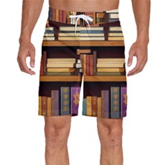 Book Nook Books Bookshelves Comfortable Cozy Literature Library Study Reading Room Fiction Entertain Men s Beach Shorts by Maspions