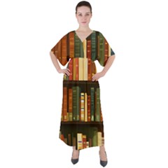 Books Bookshelves Library Fantasy Apothecary Book Nook Literature Study V-neck Boho Style Maxi Dress by Grandong