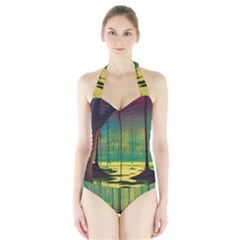 Nature Swamp Water Sunset Spooky Night Reflections Bayou Lake Halter Swimsuit by Grandong