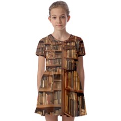 Room Interior Library Books Bookshelves Reading Literature Study Fiction Old Manor Book Nook Reading Kids  Short Sleeve Pinafore Style Dress by Grandong