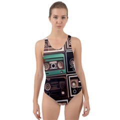 Retro Electronics Old Antiques Texture Wallpaper Vintage Cassette Tapes Retrospective Cut-out Back One Piece Swimsuit by Grandong