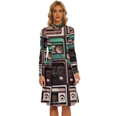 Retro Electronics Old Antiques Texture Wallpaper Vintage Cassette Tapes Retrospective Long Sleeve Shirt Collar A-line Dress by Grandong