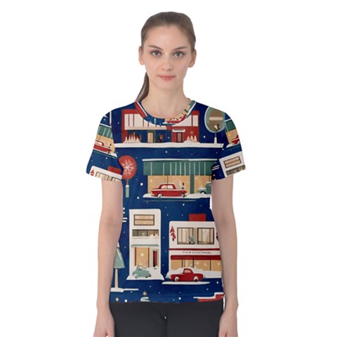 Cars Snow City Landscape Vintage Old Time Retro Pattern Women s Cotton T-shirt by Maspions