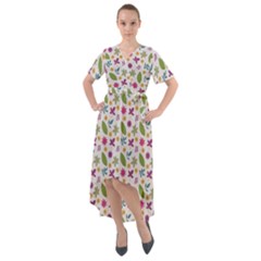 Pattern Flowers Leaves Green Purple Pink Front Wrap High Low Dress by Maspions