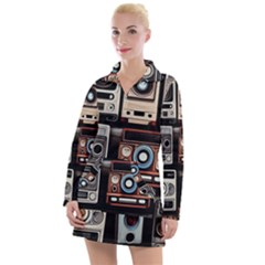 Retro Cameras Old Vintage Antique Technology Wallpaper Retrospective Women s Long Sleeve Casual Dress by Grandong
