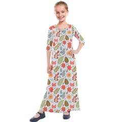 Background Pattern Flowers Design Leaves Autumn Daisy Fall Kids  Quarter Sleeve Maxi Dress by Maspions